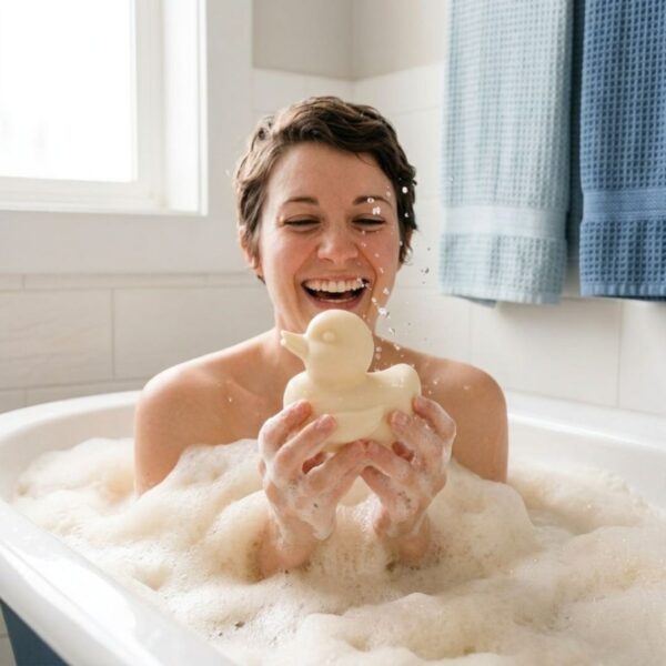 foto de patito de jabón con una mujer en la bañera con espuma